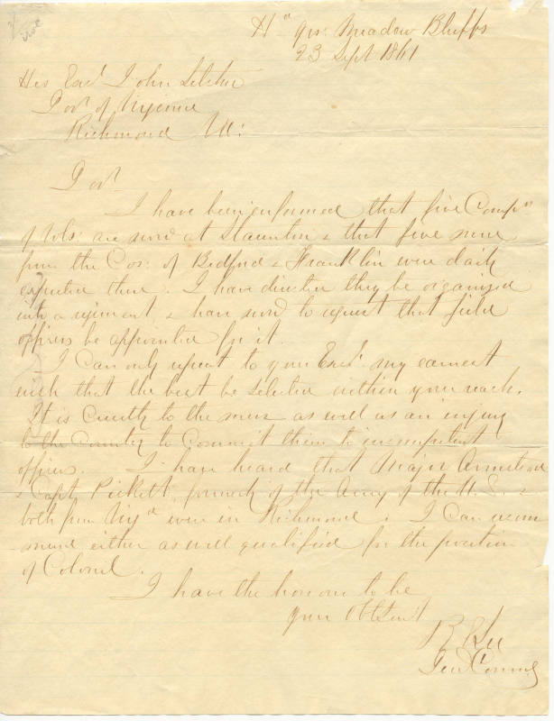 Letter, Robert E. Lee to Virginia Gov. John Letcher – Works – eMuseum
