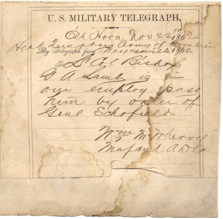 U.S. Military Telegraph from Wherry to Lt. Col. Bishop