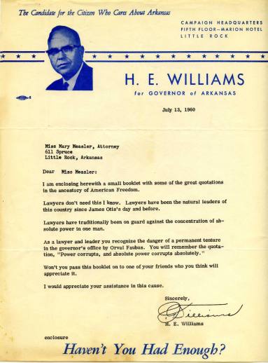 H.E. Williams for Governor campaign letter