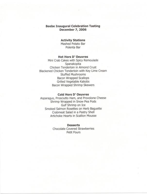 Beebe inaugural tasting menu