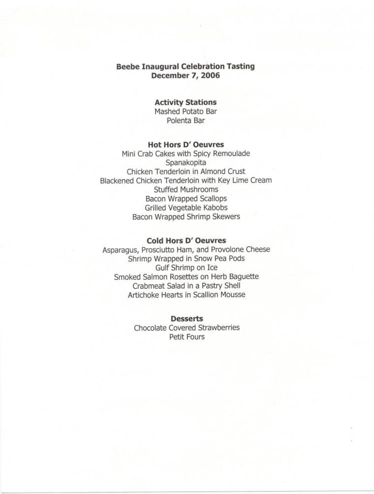 Beebe inaugural tasting menu