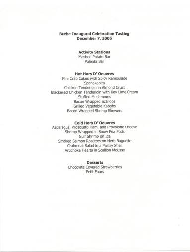 Beebe inaugural tasting menu