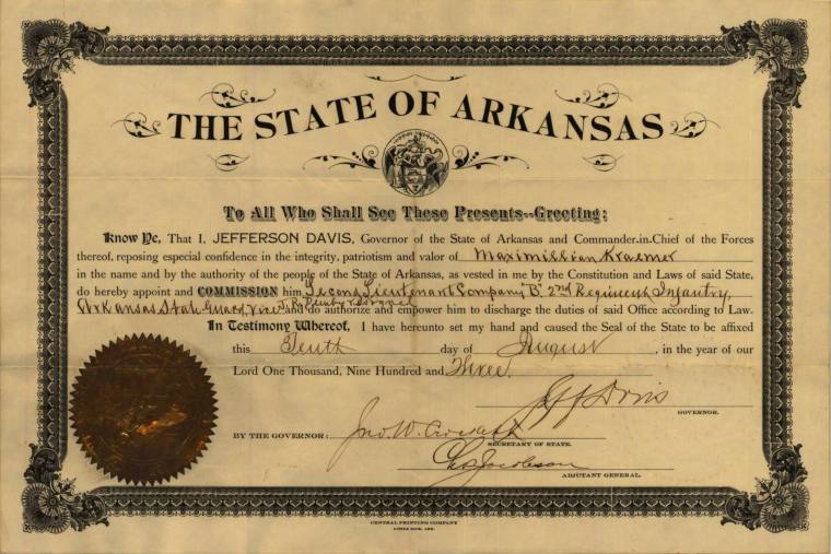 Commission certifate signed by Gov. Jeff Davis