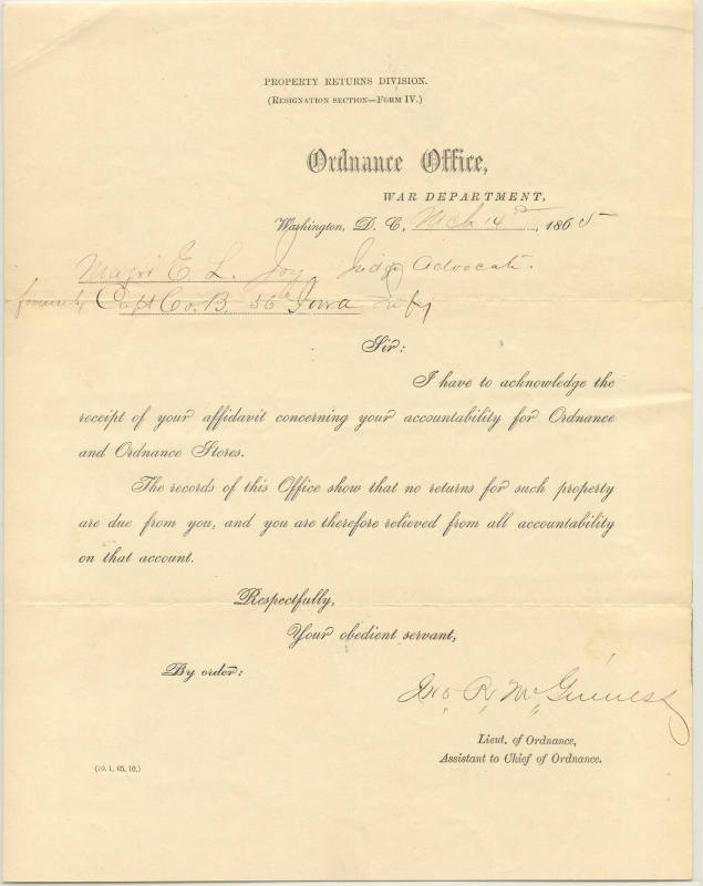 letter from War Dept. Ordinance Office