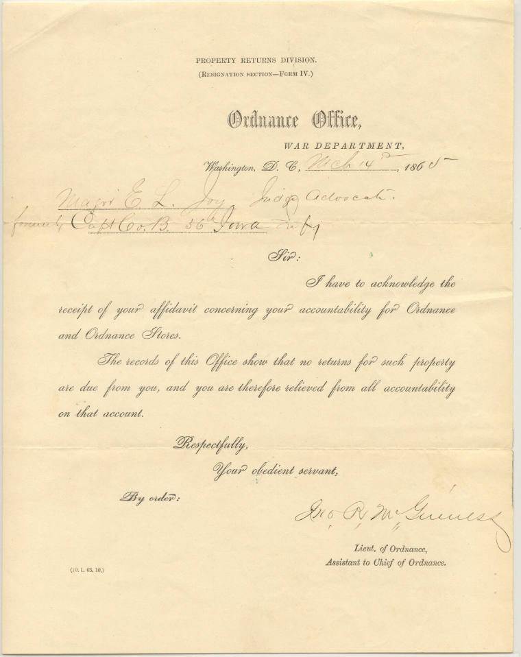 letter from War Dept. Ordinance Office