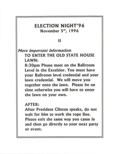 Clinton's 1996 Presidential Election Night Information.