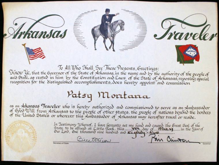 Patsy Montana's AR Traveler Certificate