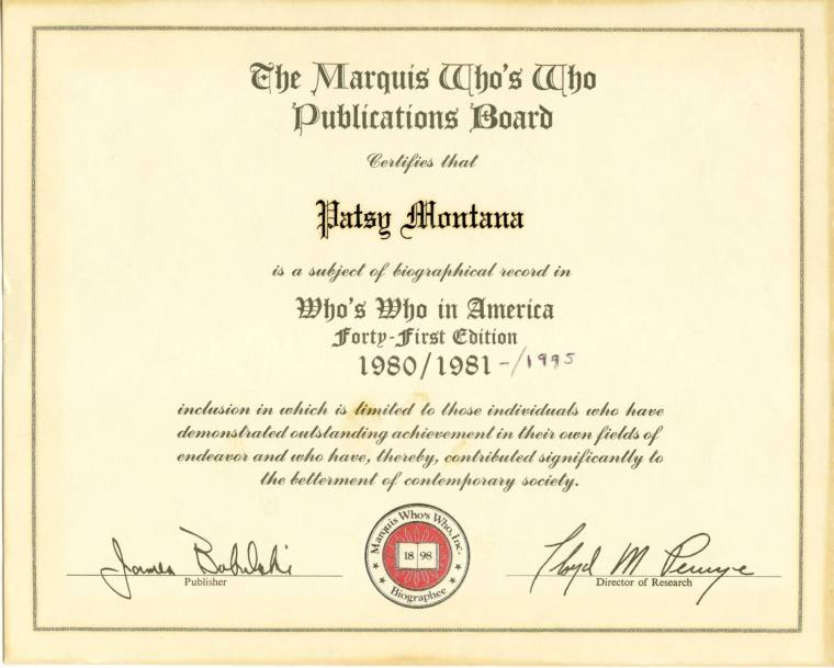 Patsy Montana Who's Who Certificate