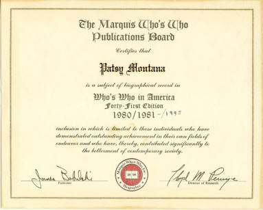 Patsy Montana Who's Who Certificate