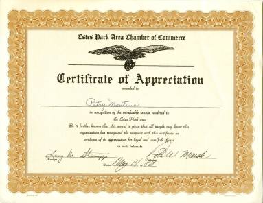 Patsy Montana - Estes Park Chamber of Commerce Certificate