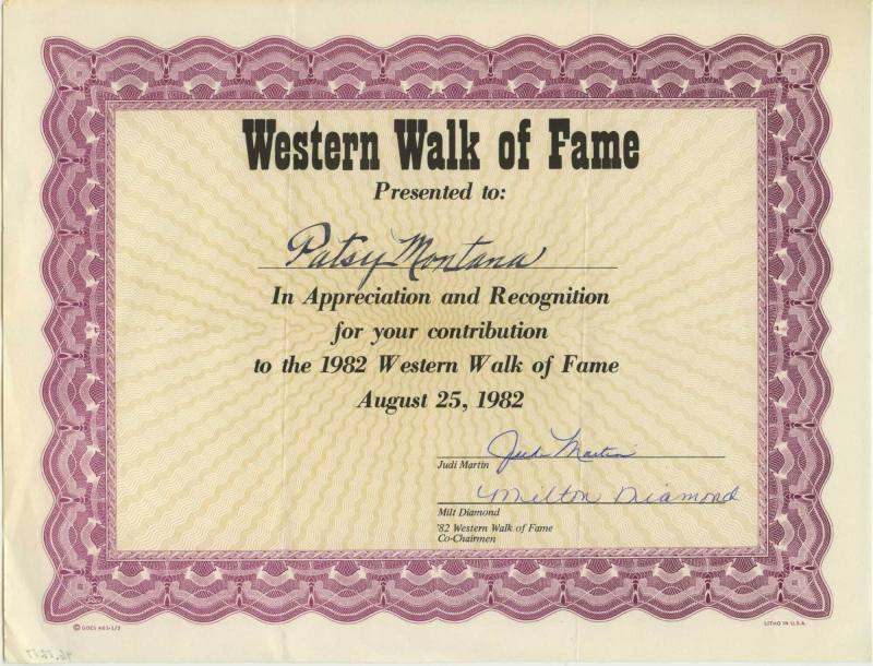 Patsy Montana - Western Walk of Fame Certificate