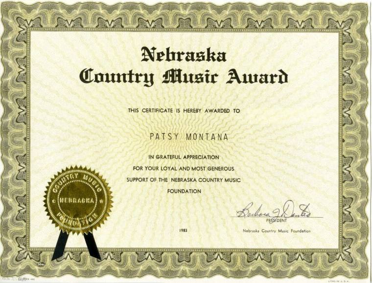 Patsy Montana - Nebraska Country Music Award