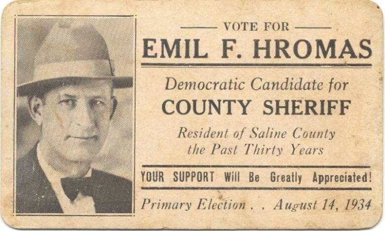 campaign card for Emil F. Hromas for Saline Co. Sheriff