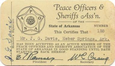 Peace Officers & Sheriffs Assoc. card for J.G. Davis