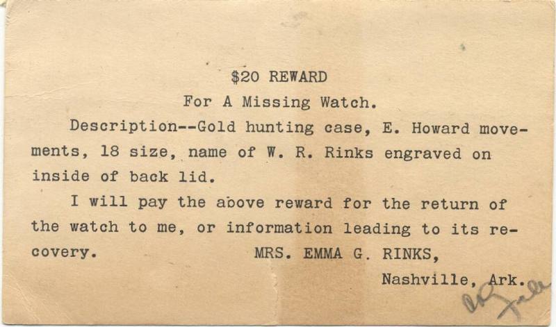 Reward Card.  $20 reward for a stolen gold piece.