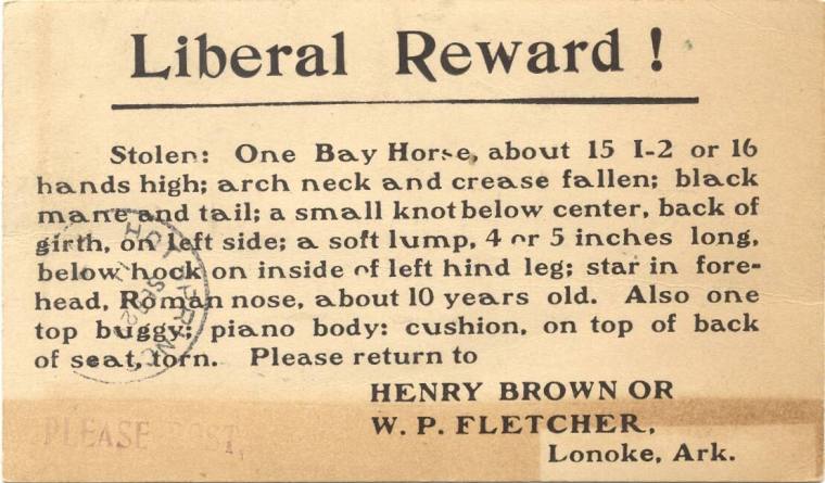 reward card for stolen horse