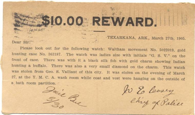 Reward card for stolen watch