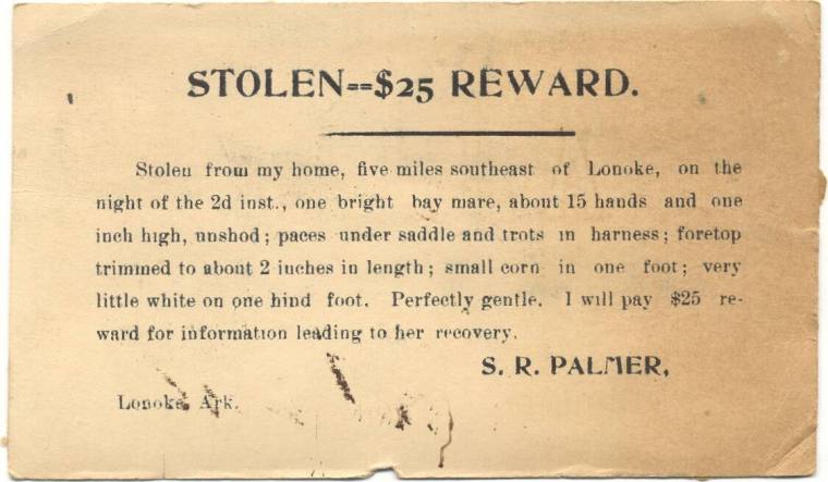 reward card for stolen horses