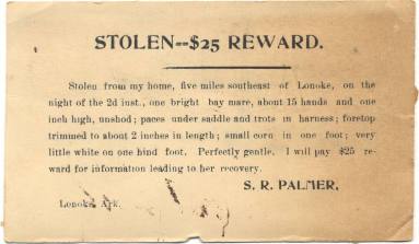 reward card for stolen horses