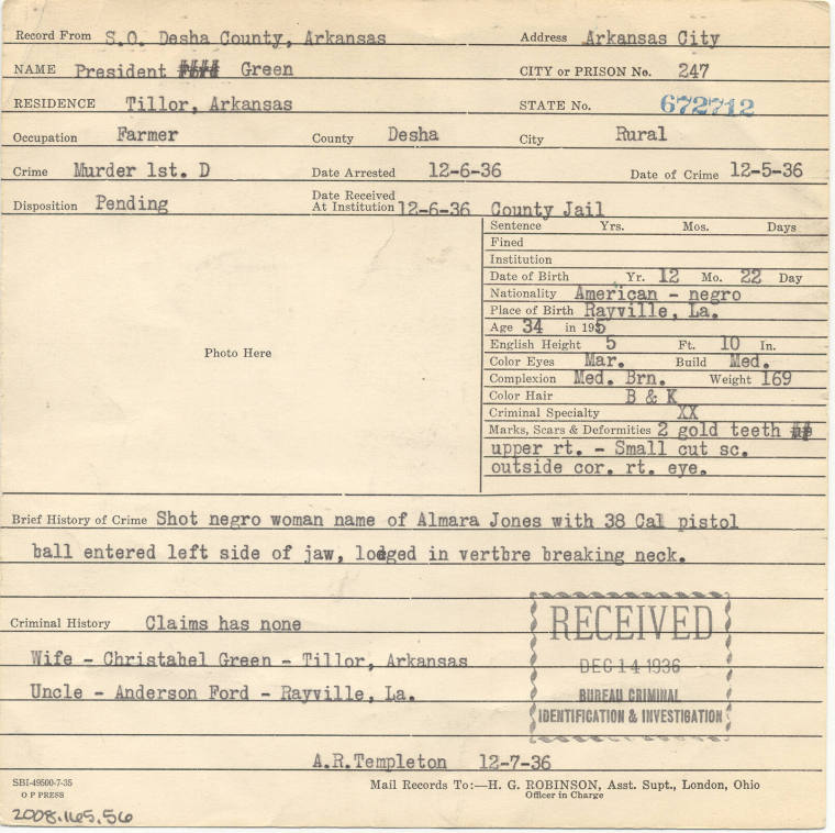 fingerprint card & arrest record for President Green