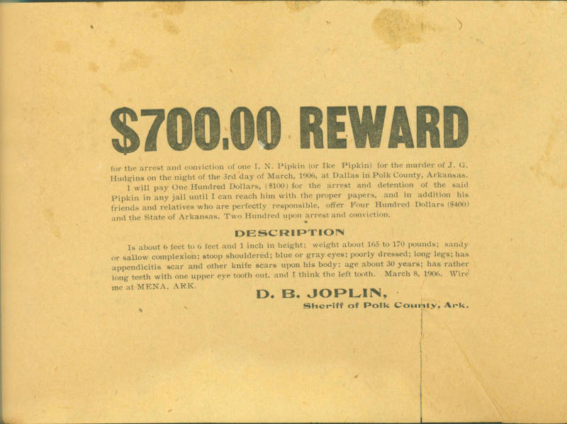 Reward Notice for arrest of I.N. Pipkin