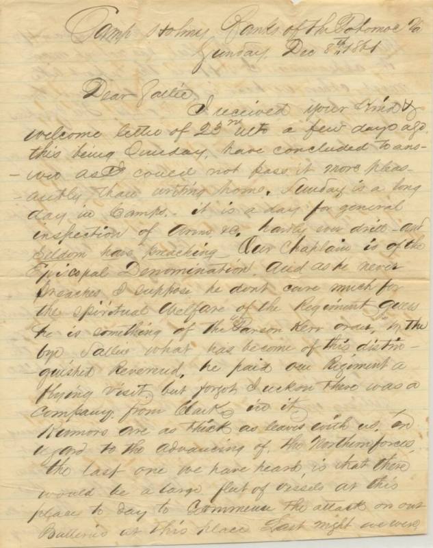 Alex Spence letter to his sister, Sallie