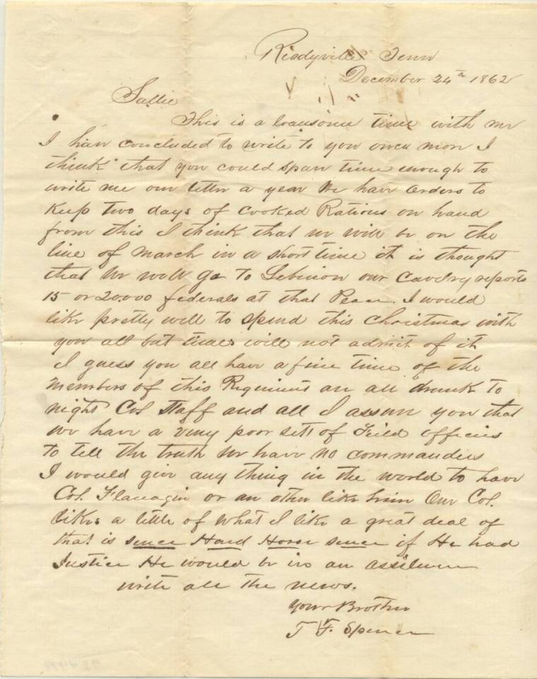 Letter, Tom Spence to his sister - Spence Family Collection