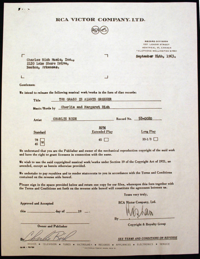 Charlie Rich RCA Contract letter document