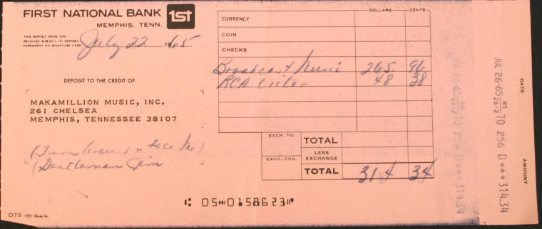 Charlie Rich Royalities Deposit Slip 