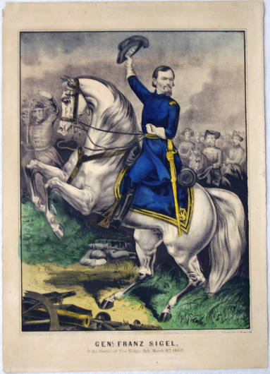 Colored lithograph: Gen. Franz Sigel at Battle Pea Ridge