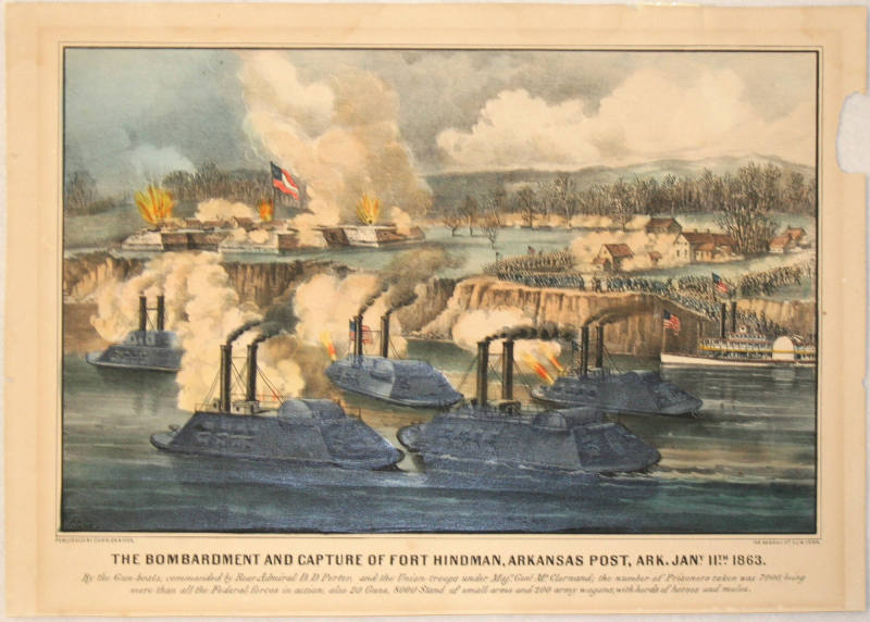 Colored lithograph of Bombardment & Capture of Ft. Hindman