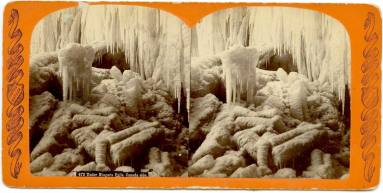 Stereoview of underside of Niagara Falls, frozen