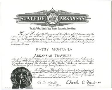 Certificate presented to Patsy from Orval Faubus as an Arkansas Traveler.