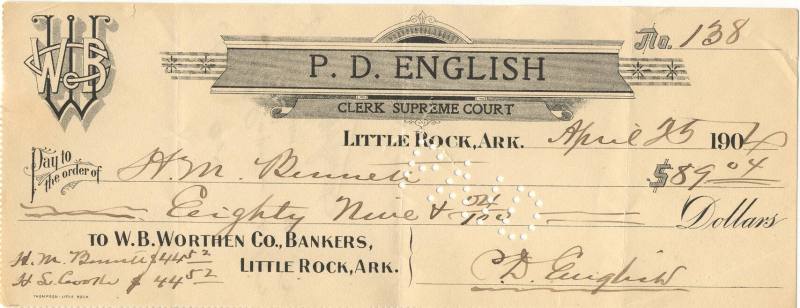 Worthen Bank check from P.D. English