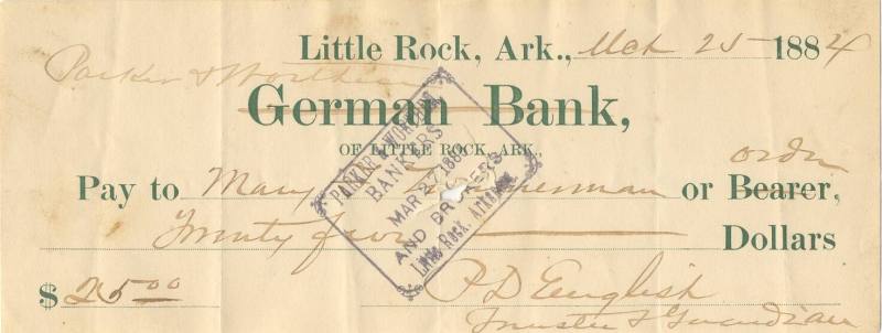 Check from German Bank of Little Rock