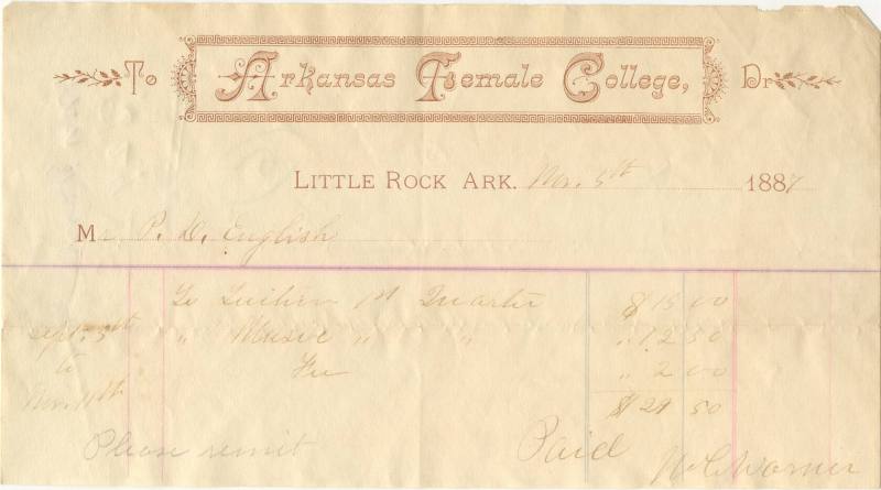 receipt from Arkansas Female College