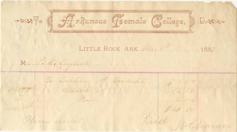 receipt from Arkansas Female College