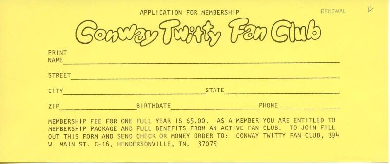 Conway Twitty Fan Club Application