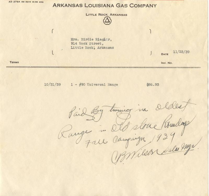 Receipt/statement of account from Arkla Gas