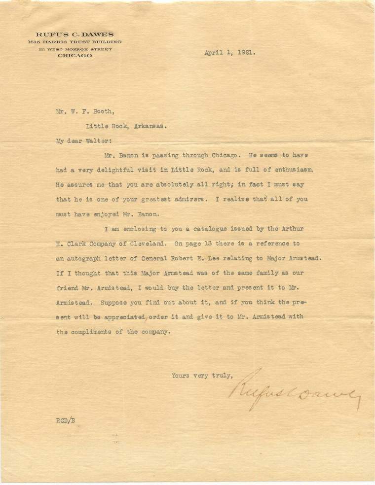 Letter from R.C. Dawes to Walter F. Booth