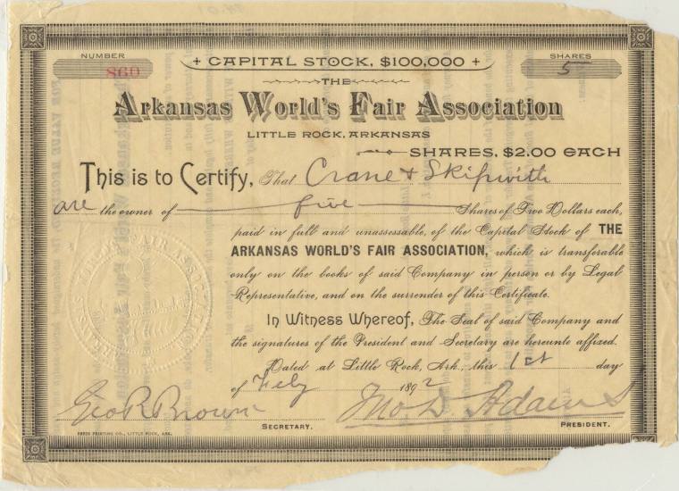 AR World's Fair Assoc. stock certificate