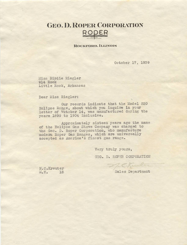 Letter from N.C. Kreuter to Birdie Riegler