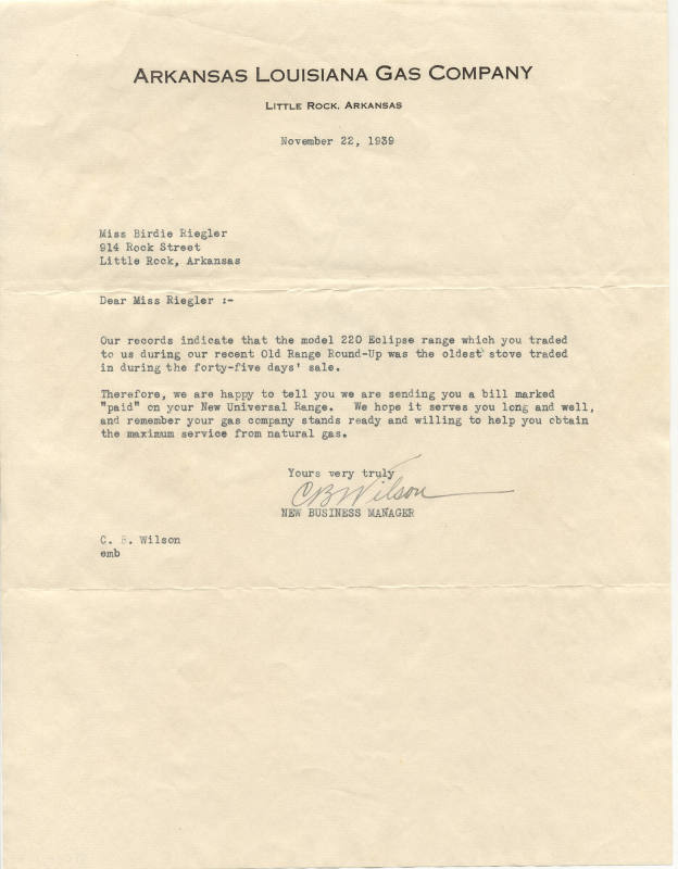 Letter from C.B. Wilson to Birdie Riegler