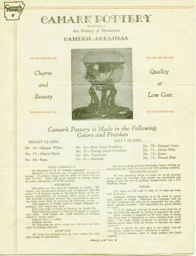 Camark Pottery Catalogue that lists the different colors and finishes on the front of the catal ...