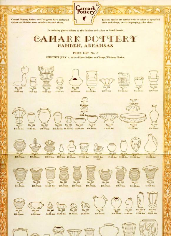 Camark Pottery Price List No. 6, Effective 1 July 1931