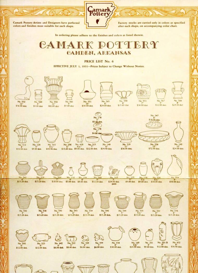 Camark Pottery Price List No. 6, Effective 1 July 1931