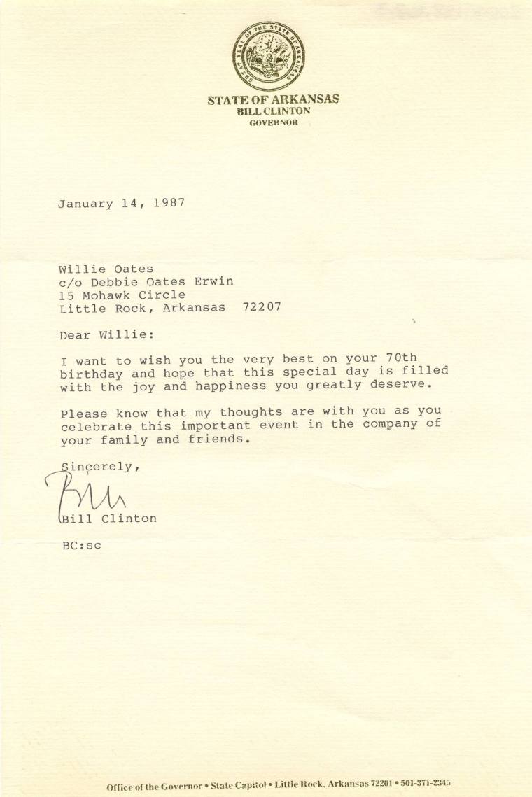 letter to Willie Oates from Gov. Clinton