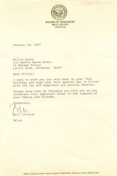 letter to Willie Oates from Gov. Clinton