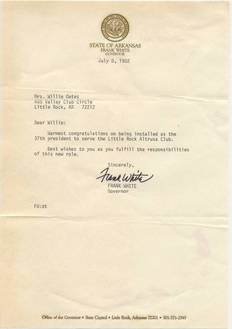 Wille Oates letter from Gov. Frank White