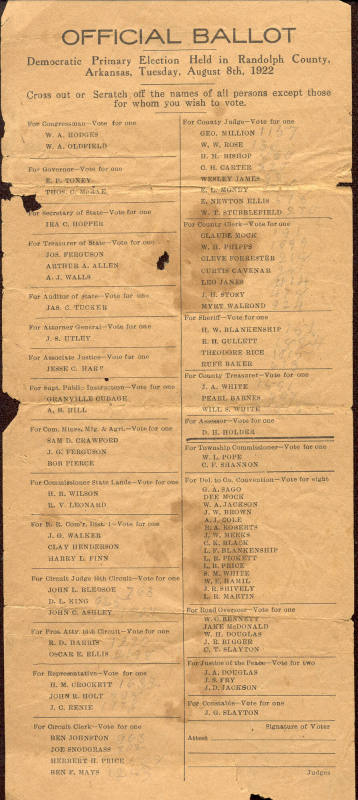 1922 Democratic Primary Election Ballot